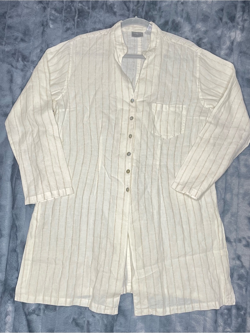 Chico’s Linen Blend Tunic Blouse Size 1 M Ivory White Metallic Stripe
